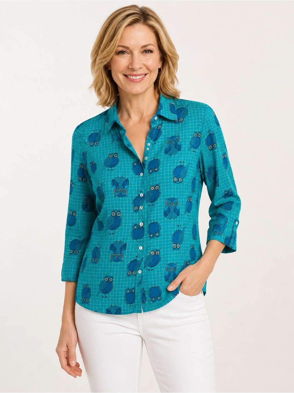 Max Novelty Owl Grid Button Up Blouse Teal 100% Rayon size L